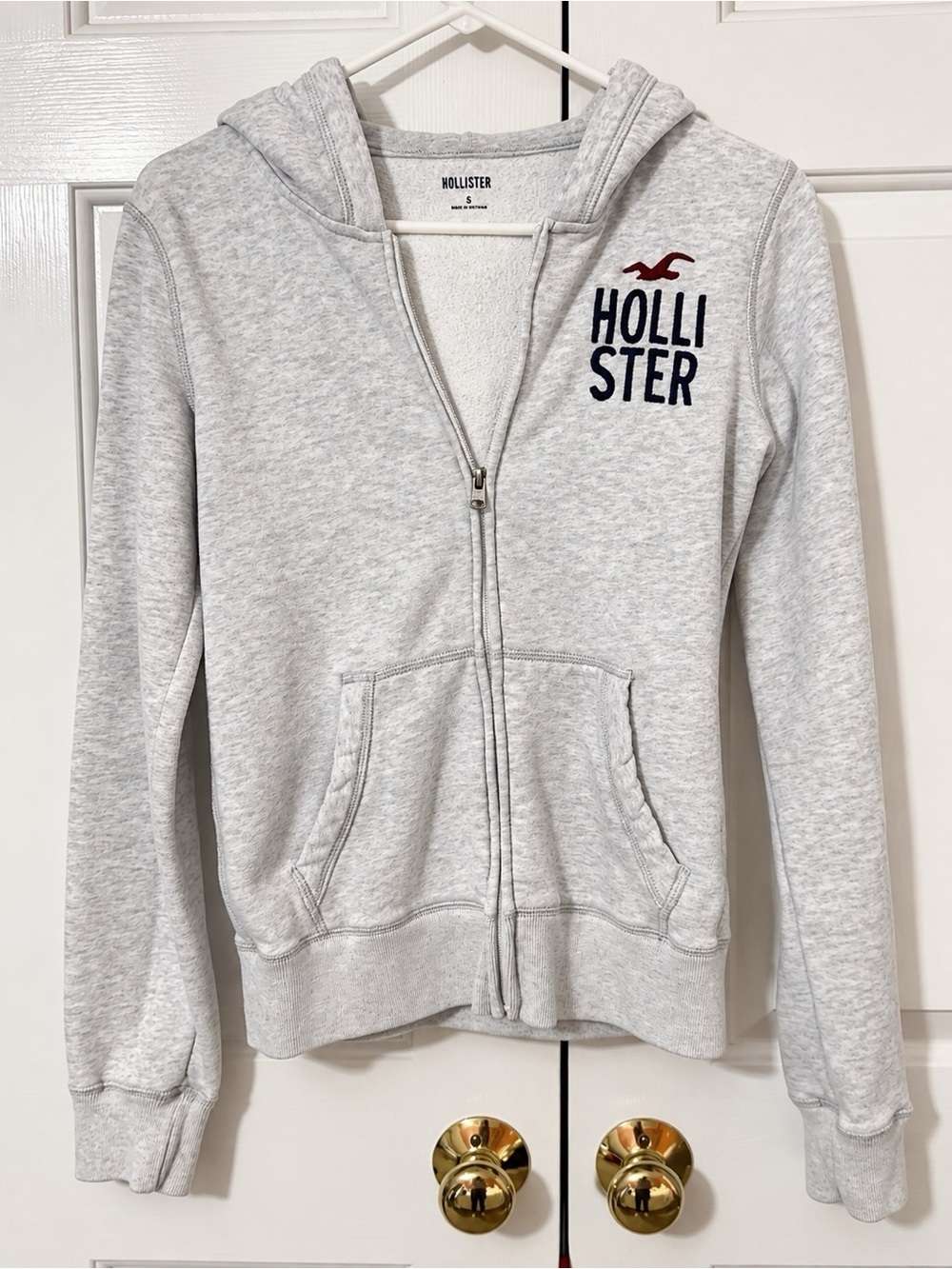 Hollister Heather Gray Zip-Up Hoodie with Navy & Maroon Logo